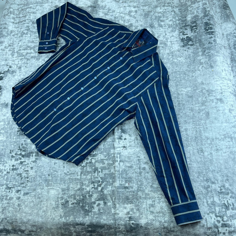 Robert Graham Men Large Navy Blue Green Striped Paisley Button Up Dress Shirt